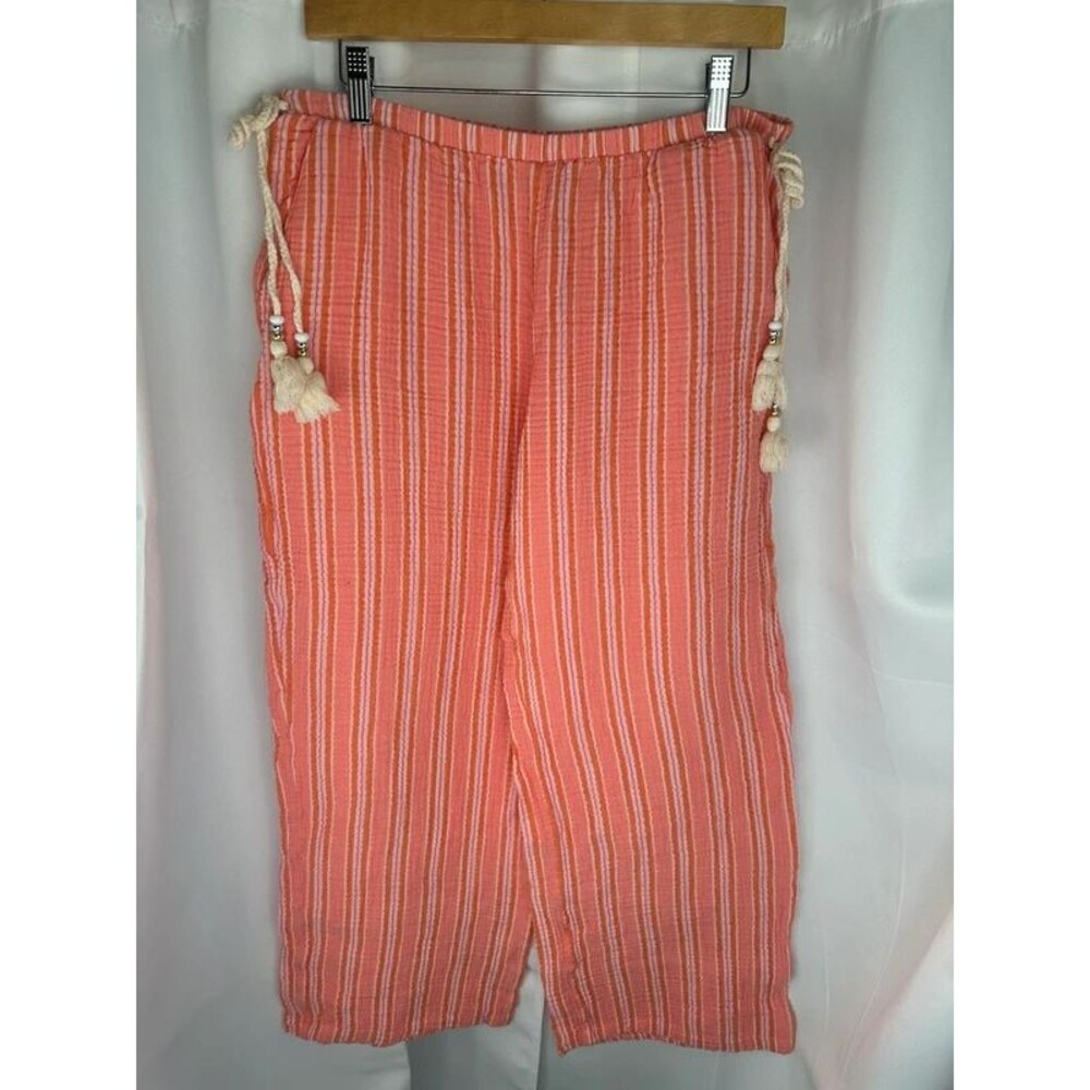 Womens Medium Coral Striped Wide Leg 100% Cotton Gauzy Pull On Pants Pockets